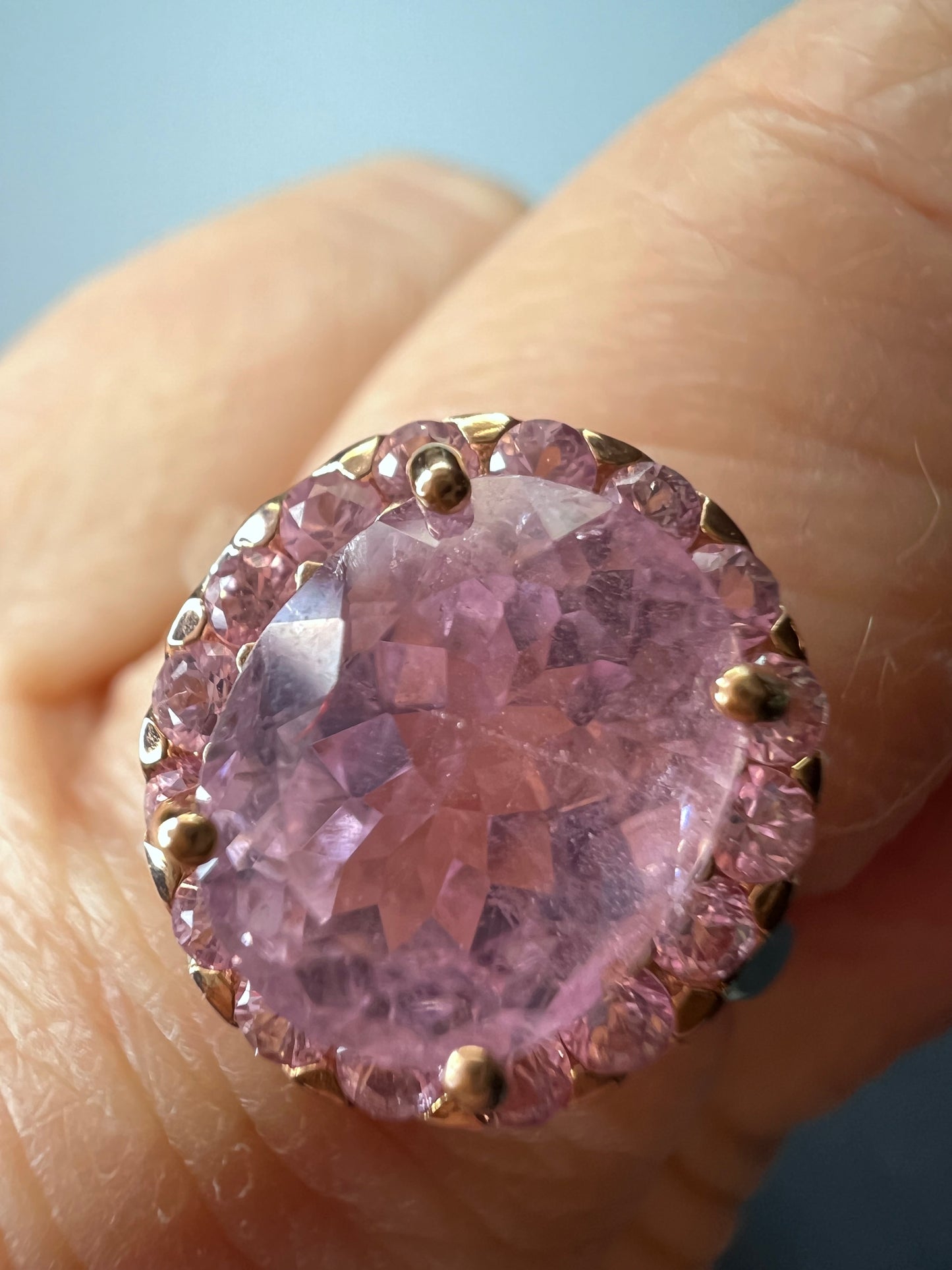 Kunzite and pink sapphire halo ring in sterling silver size 9