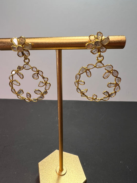 Polki diamond drop hoop gold over sterling silver earrings