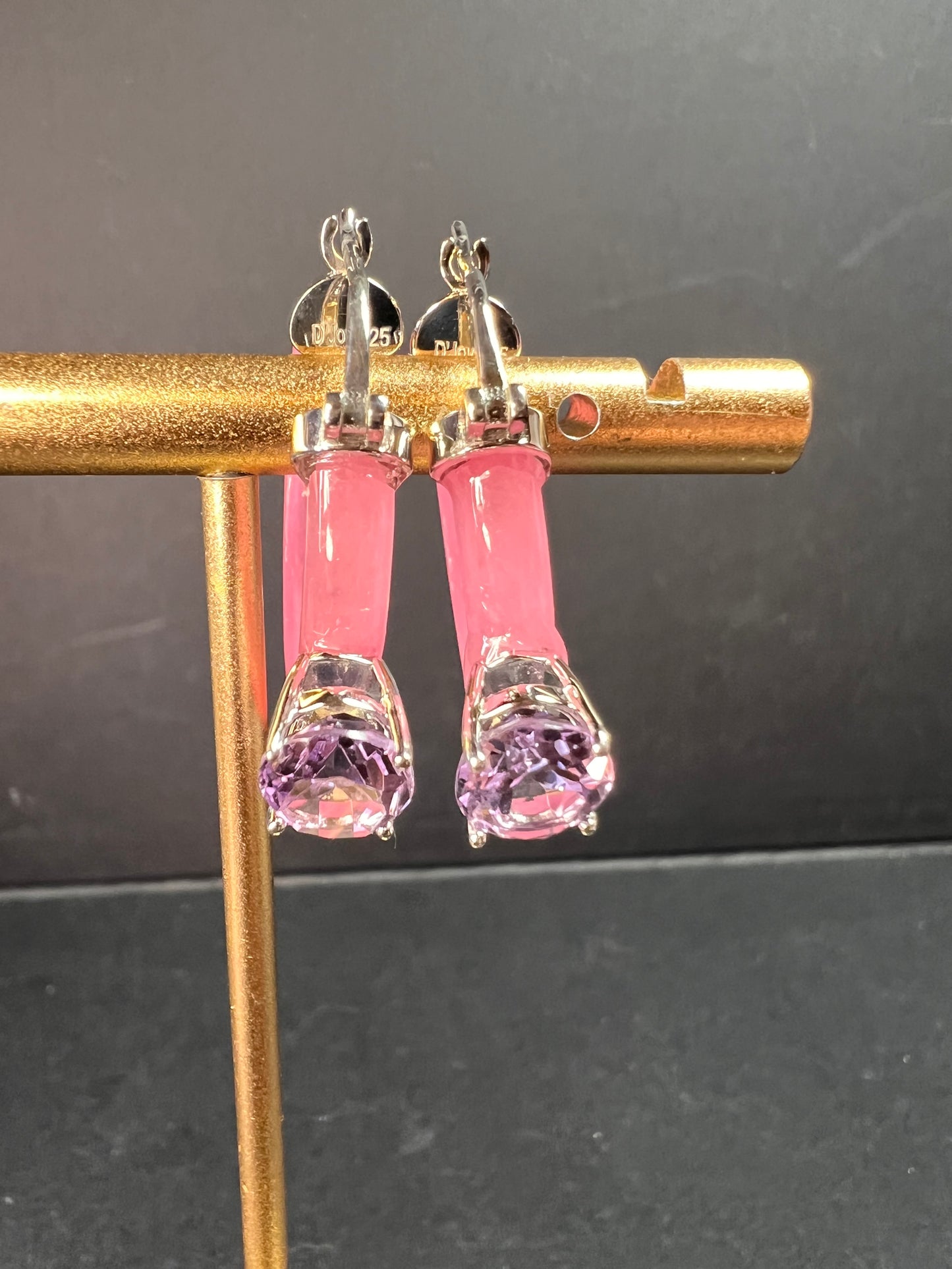 NEW Pink Jade and rose de France amethyst hoop earrings in rhodium over sterling silver