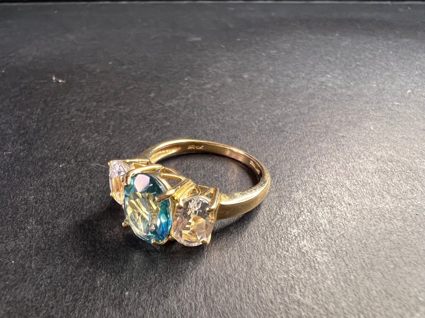 Vintage 10K Yellow Gold Blue Topaz & White Topaz Three-Stone Ring – Size 7
