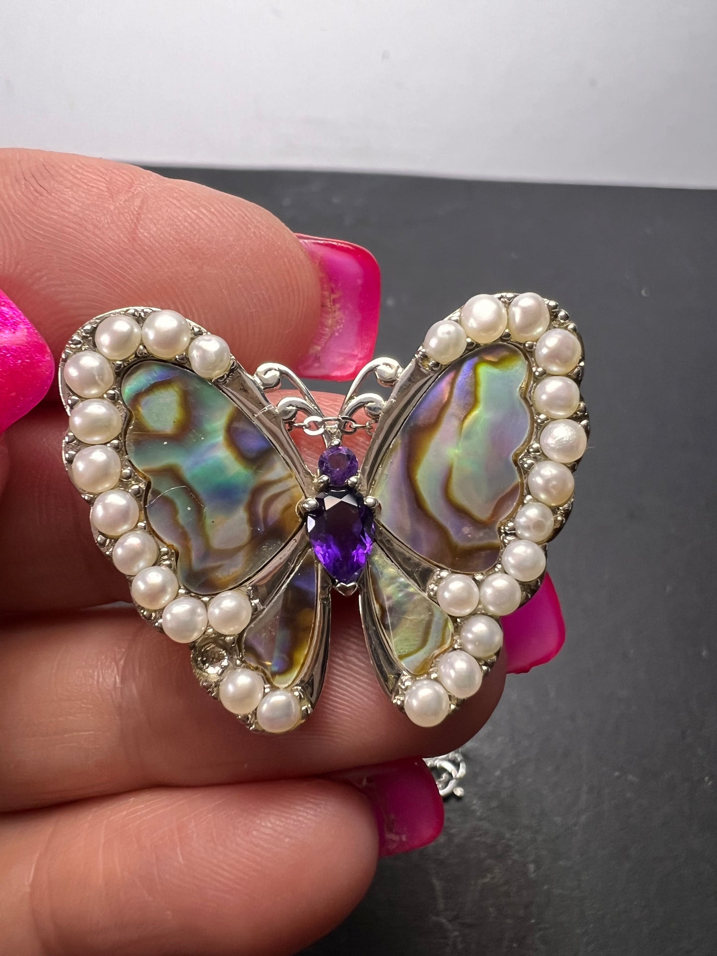 Abalone, amethyst and pearl butterfly sterling silver necklace