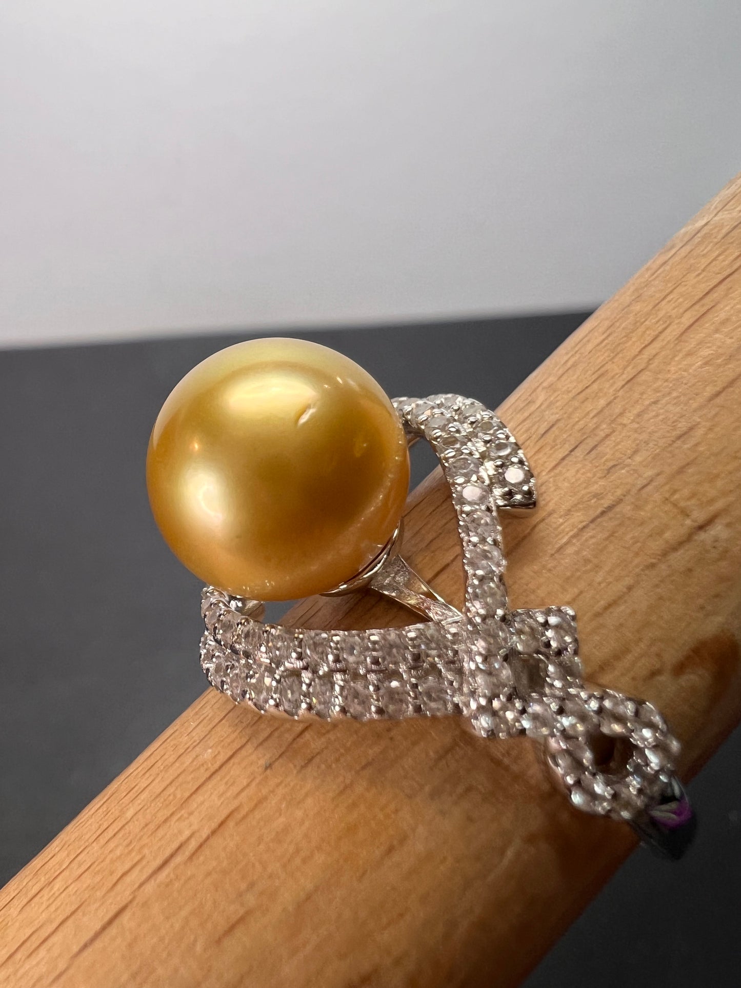 AAA1 Natural Color Deep Gold 11mm Golden South Sea Cultured Pearl and Zircon ring in rhodium over Sterling silver size 9