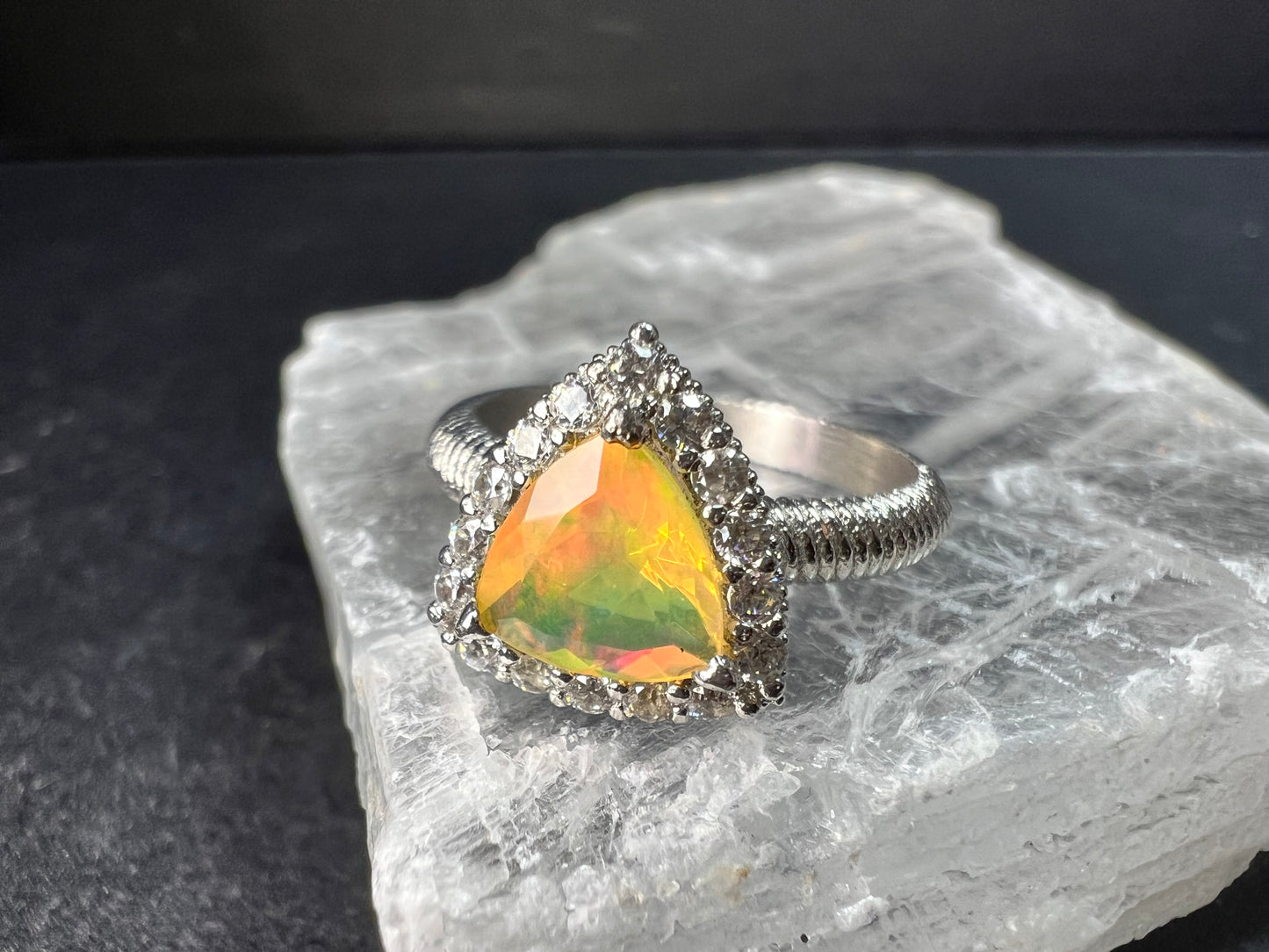 Ethiopian Opal Halo Ring Sterling Silver Size 7 Trillion Cut