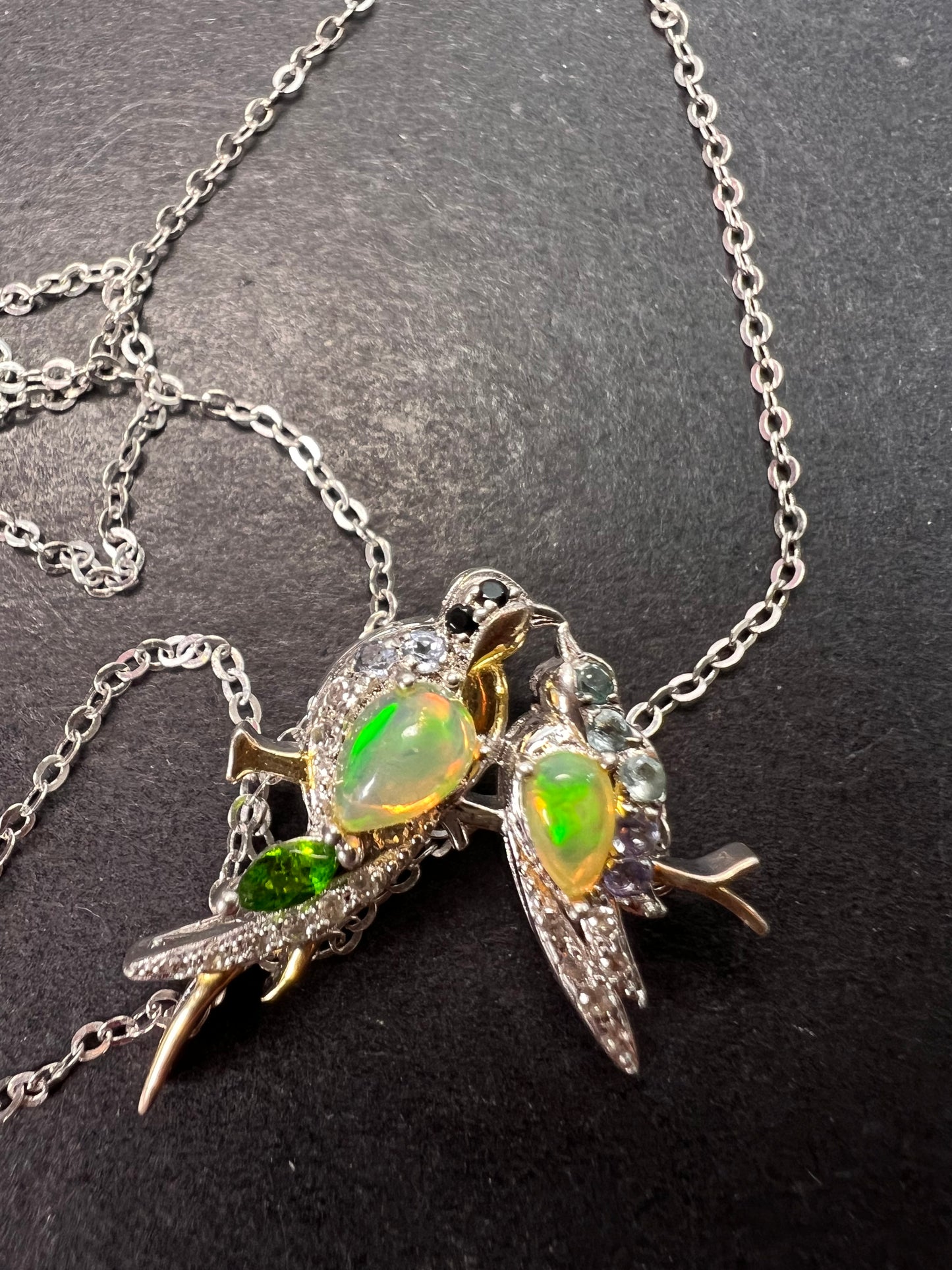 Ethiopian opal love birds multi gemstone two toned pendant and chain in gold and rhodium over sterling silver