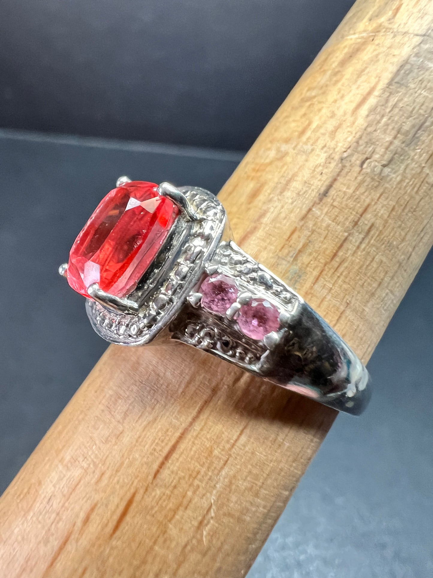 Sterling Silver Peach Red Quartz Doublet & Pink Tourmaline Ring 8.75