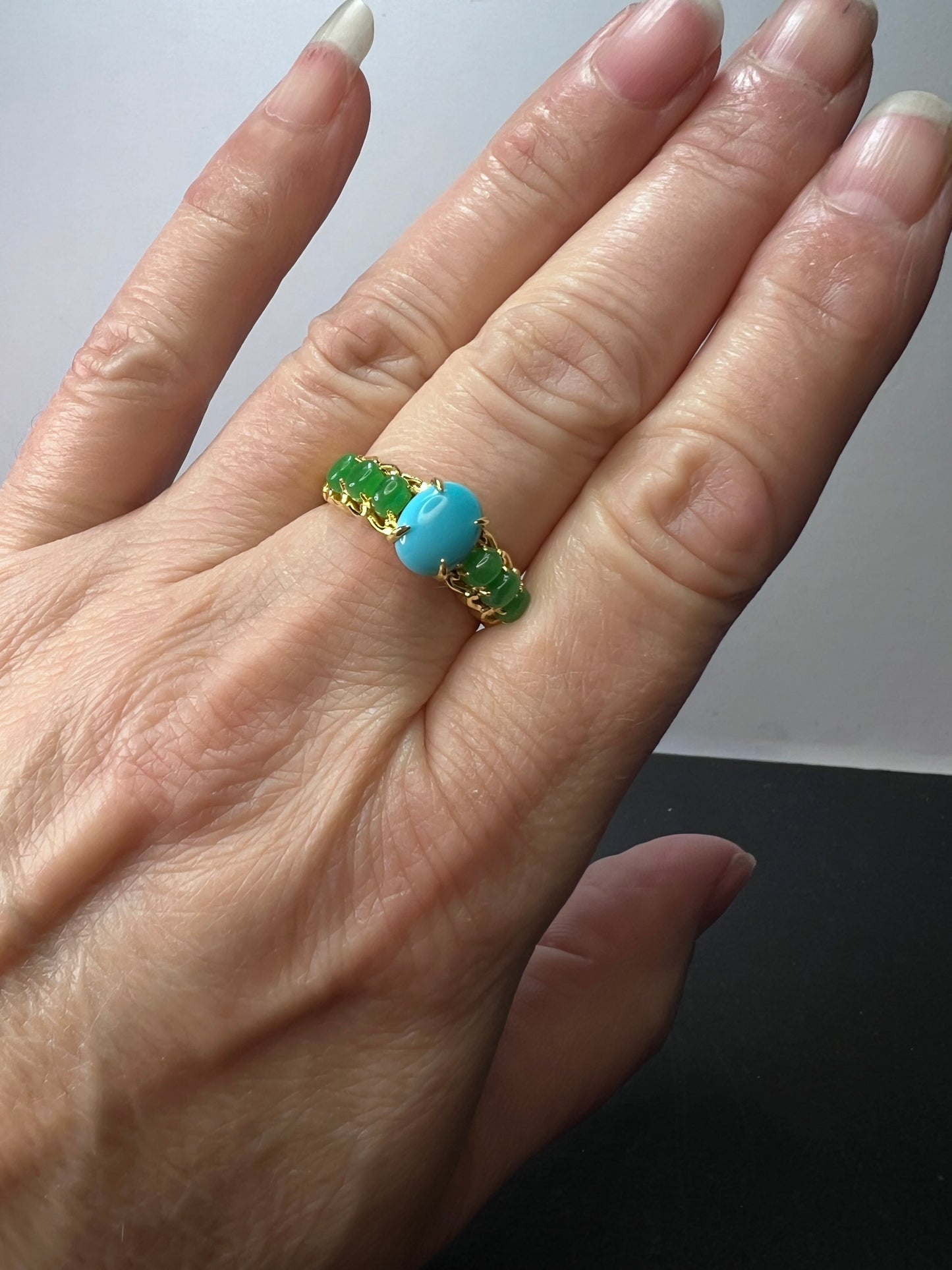 Sleeping Beauty turquoise and green jade 14k gold over silver ring size 9