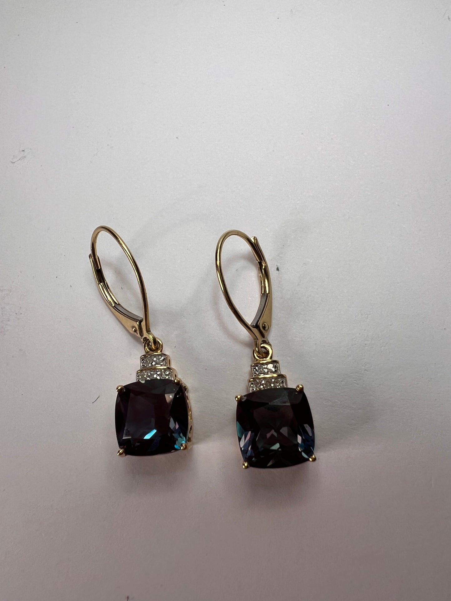 10k gold Lab alexandrite and diamond lever back earrings