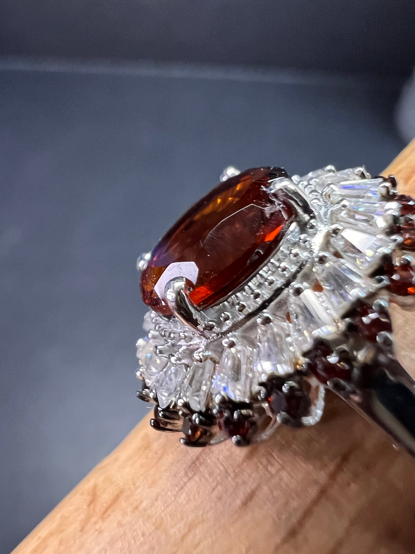 NEW Cherry citrine and Moissanite halo ring in platinum over sterling silver size 8