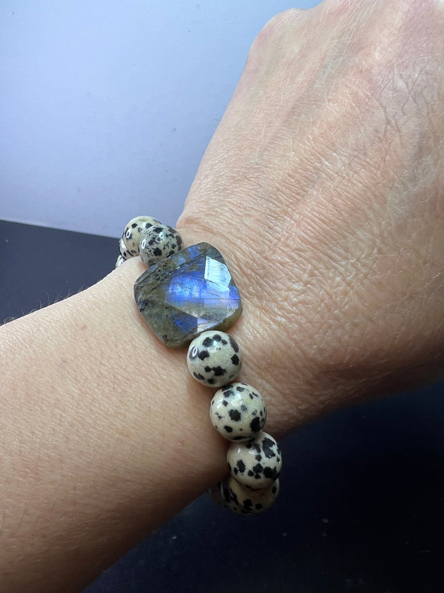 Dalmatian jasper and labradorite stretch bracelet 8 inch