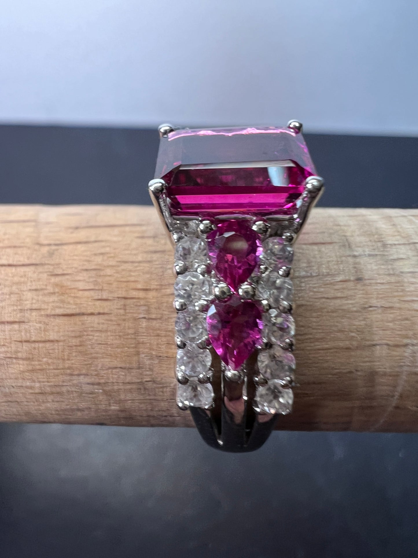 Lab pink tourmaline and white topaz statement ring size 8