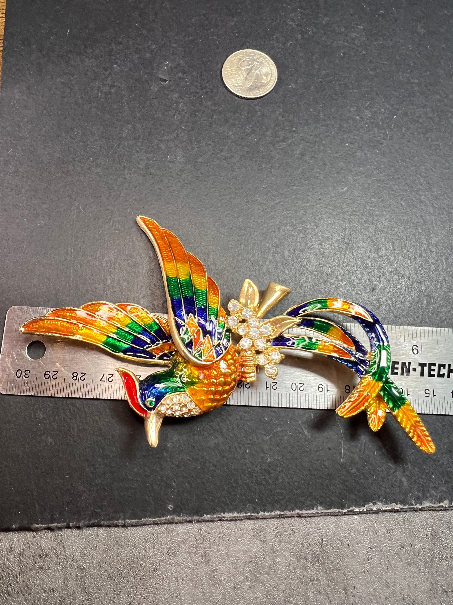 Vintage Enamel Phoenix Bird Rhinestone Statement Brooch Large Gold Tone