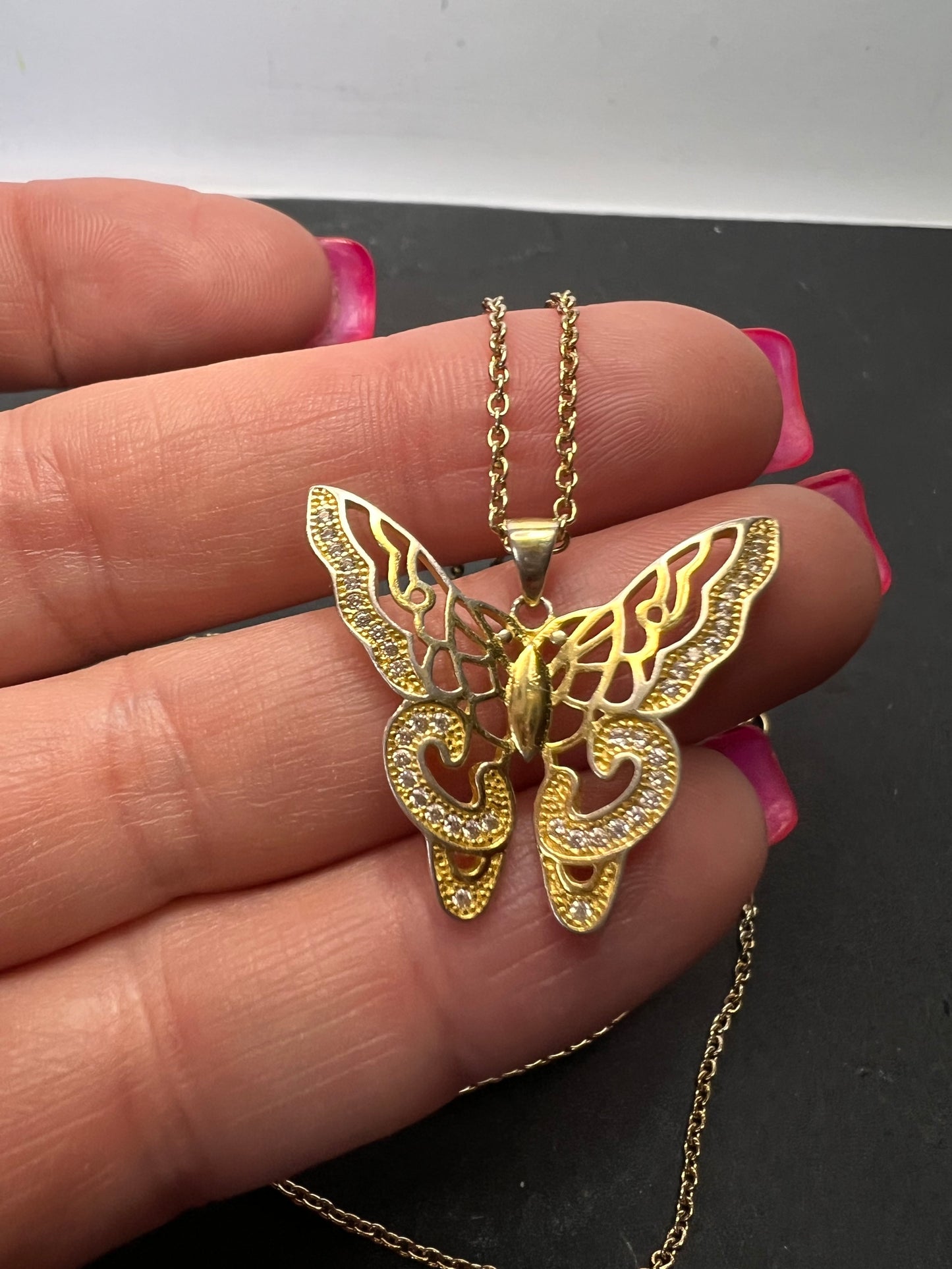 Butterfly CZ gold over sterling silver pendant and chain necklace