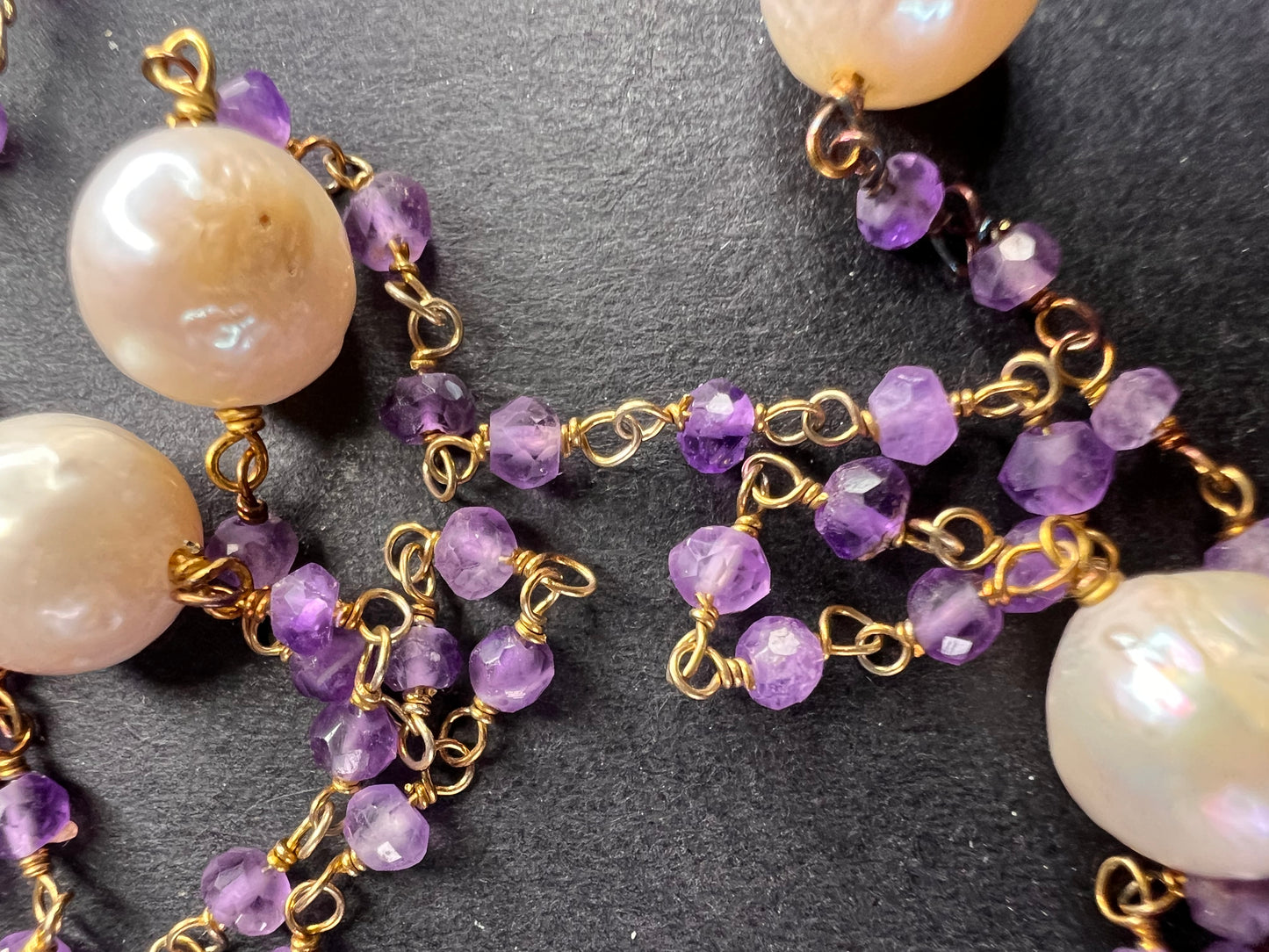 Amethyst and pearl 30 inch station necklace in sterling silver