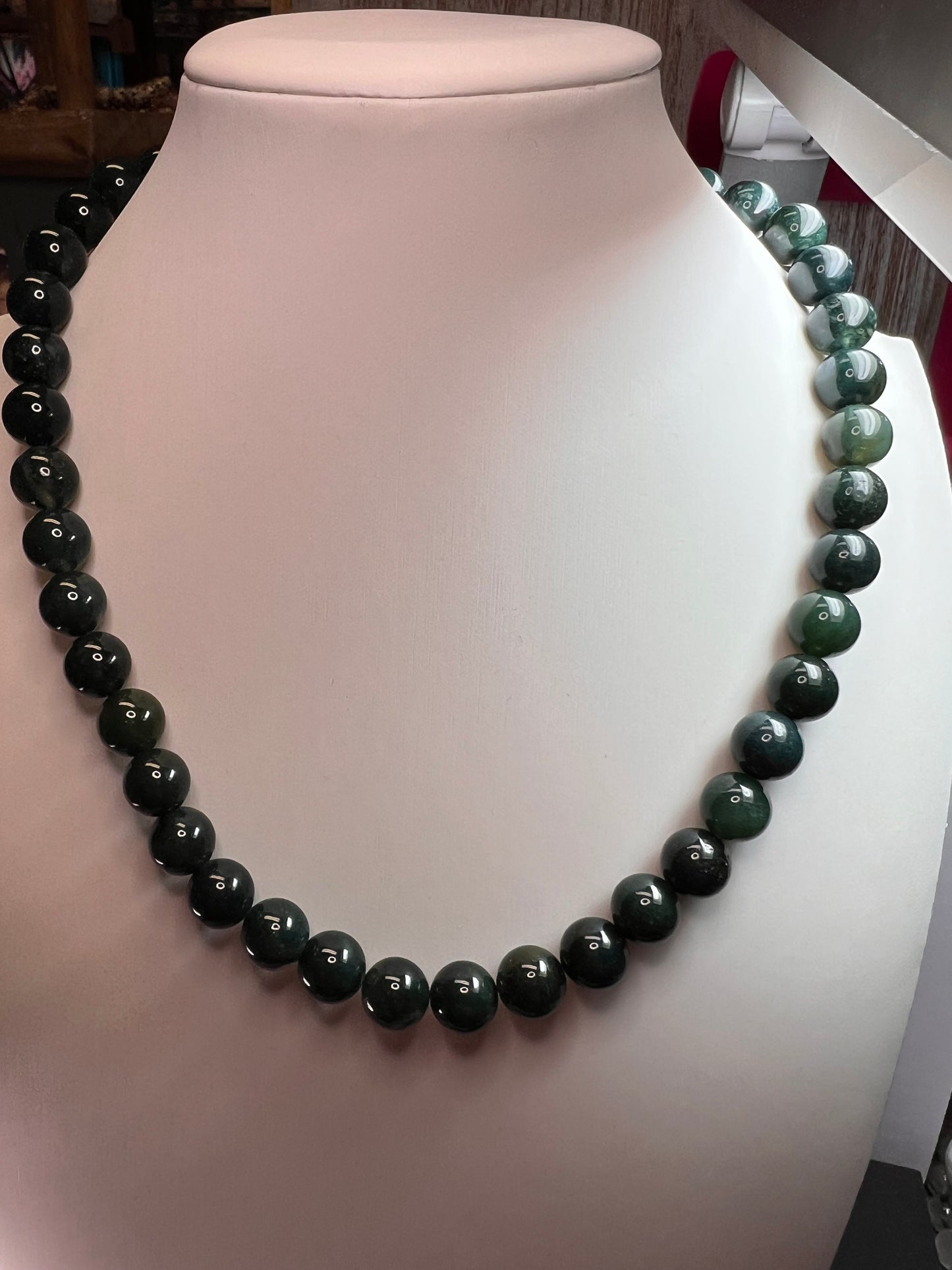 Moss agate 18 inch beaded necklace with sterling silver clasp