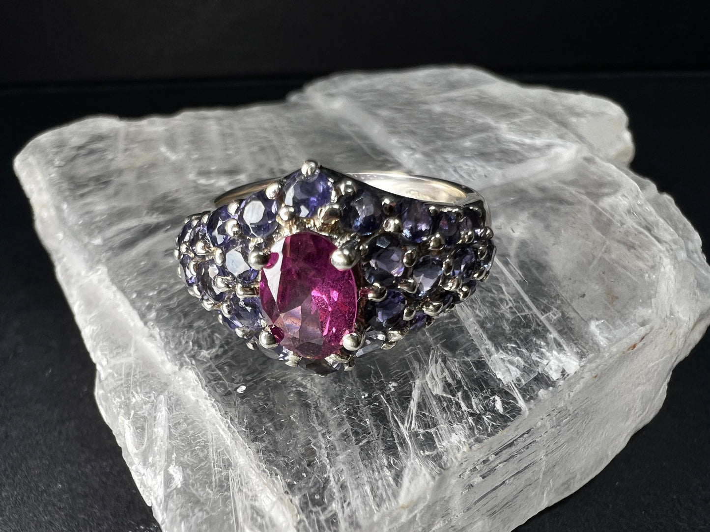 Pink Tourmaline Tanzanite Sterling Silver Cluster Ring Size 7