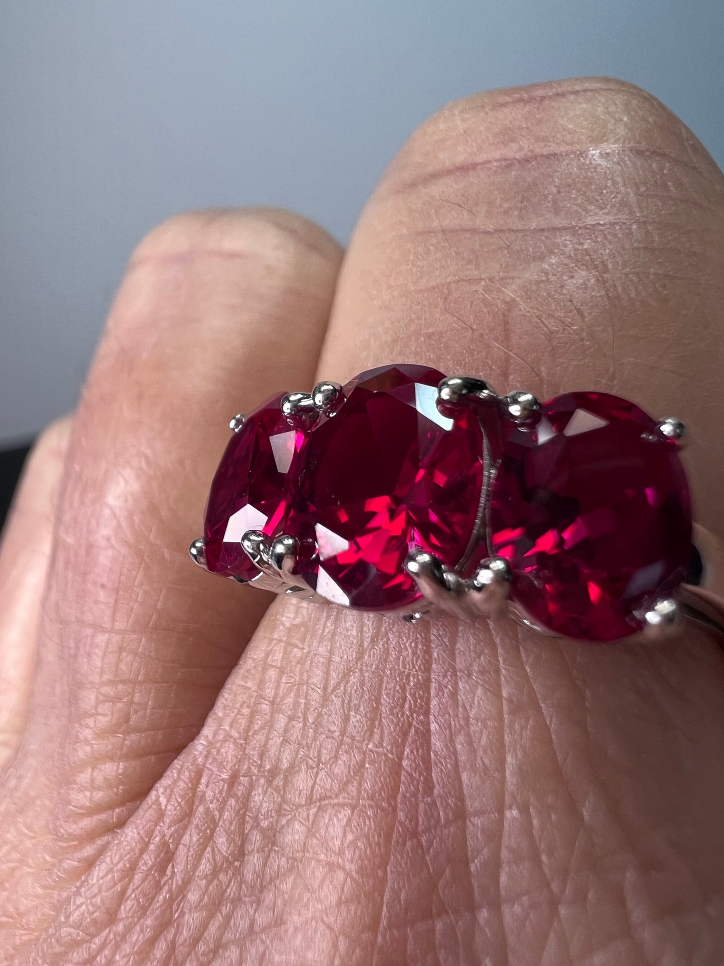 Lab created ruby and silver triple stone ring size 8