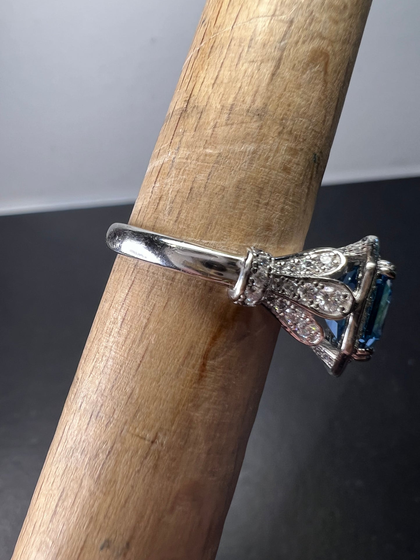 Blue zircon and CZ sterling silver cocktail ring size 7