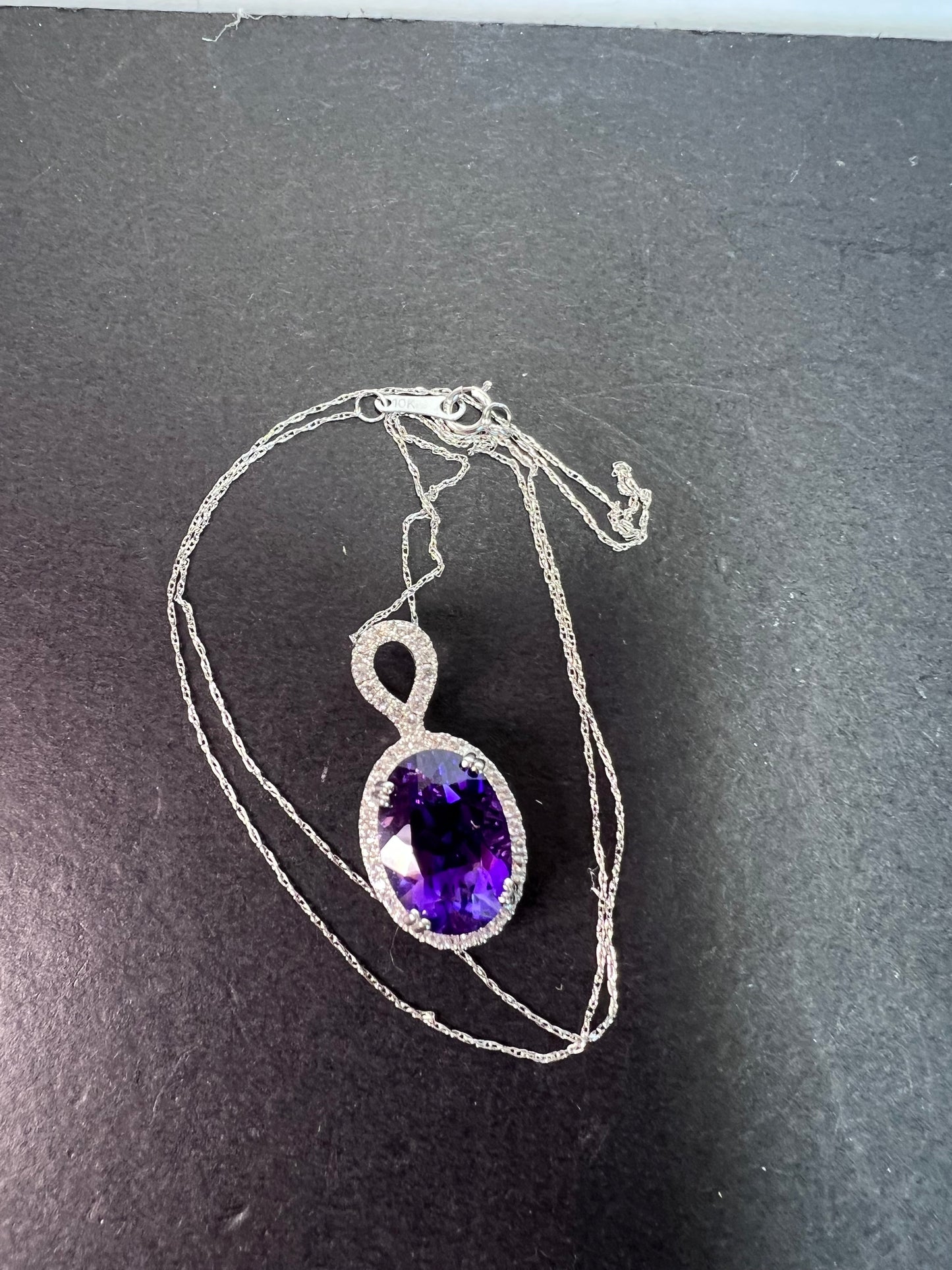 African amethyst 10k white gold and topaz halo pendant and chain necklace