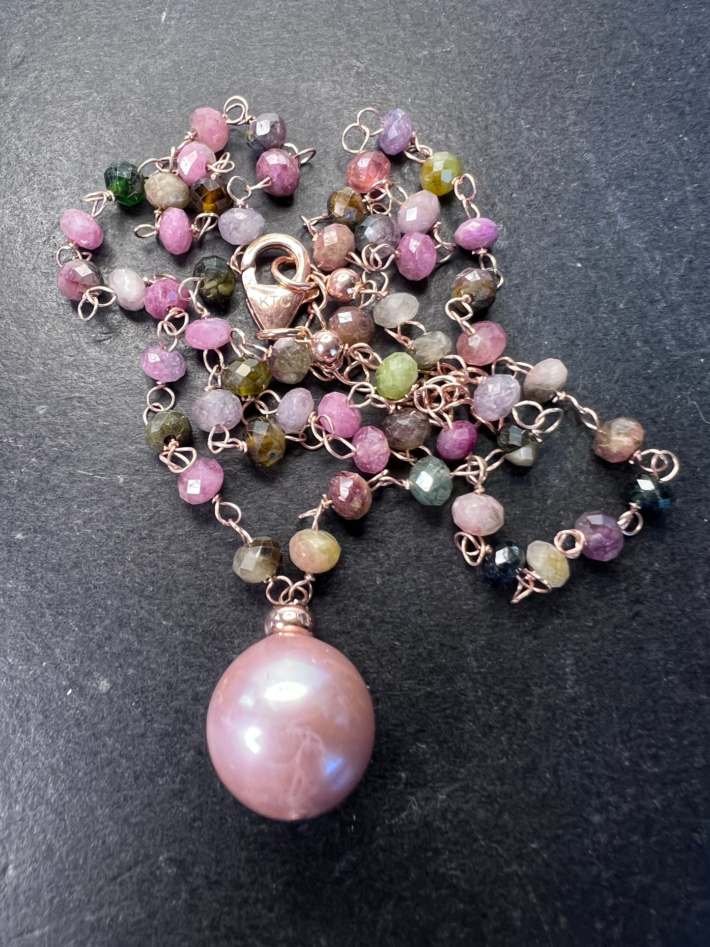 12-12.5mm Pink Cultured Freshwater Pearl & Tourmaline 18k Rose Gold Over Silver 18 Inch Necklace