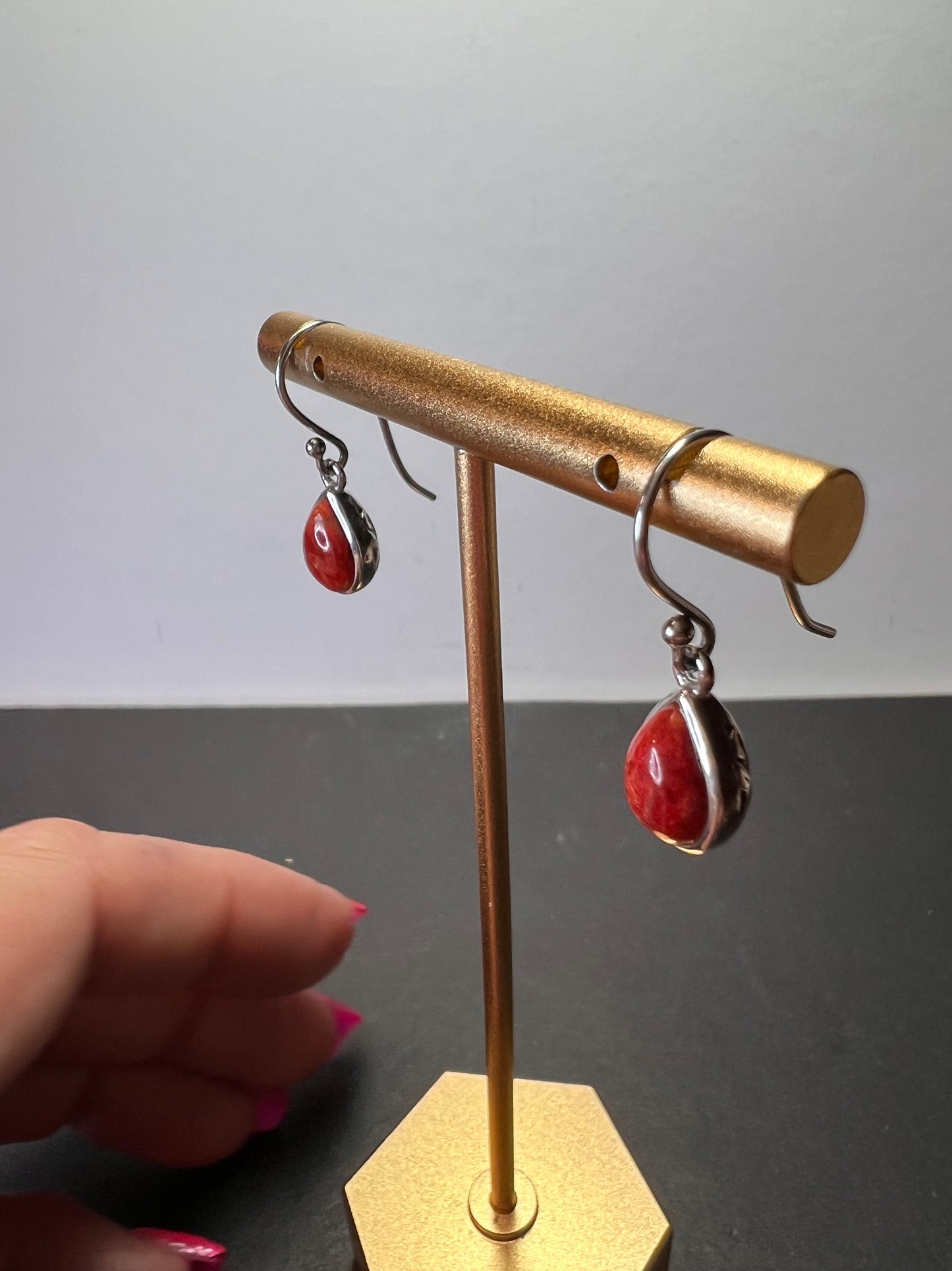 Red sponge coral sterling silver teardrop earrings