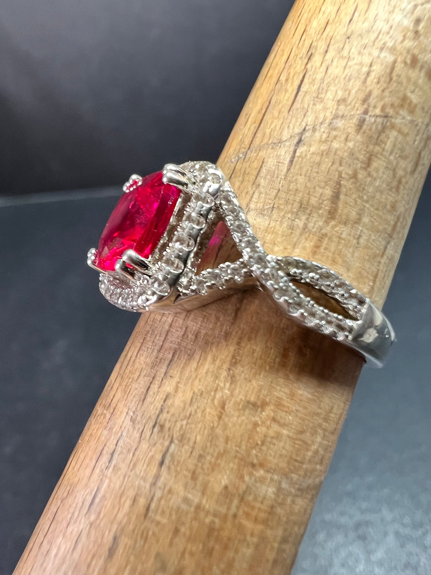 Sterling Silver Lab Ruby Halo Ring Size 7 DHJ 925