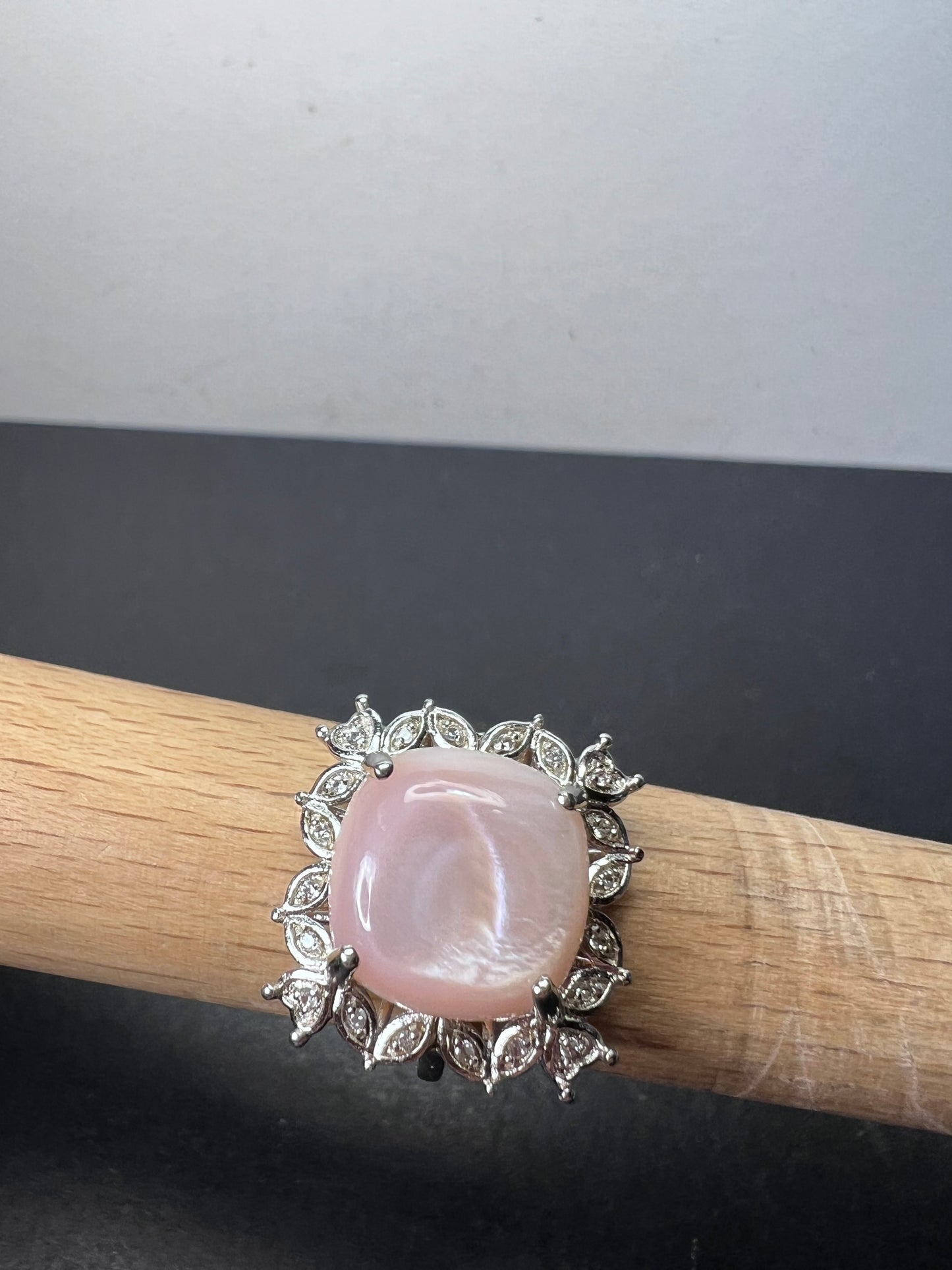 Pink Mother-of-Pearl With White Zircon Rhodium Over Sterling Silver Ring size 8