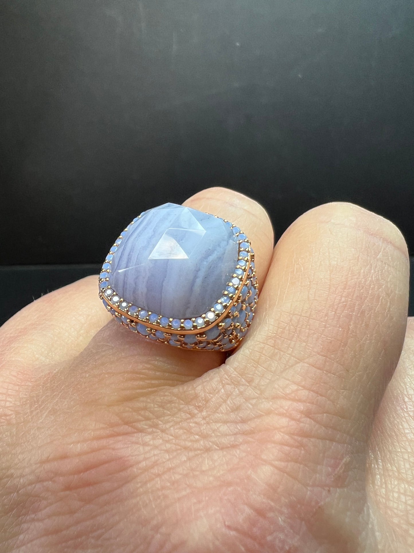 New With Tag Blue Lace Agate 18K Rose Gold Plated Ring Size 7