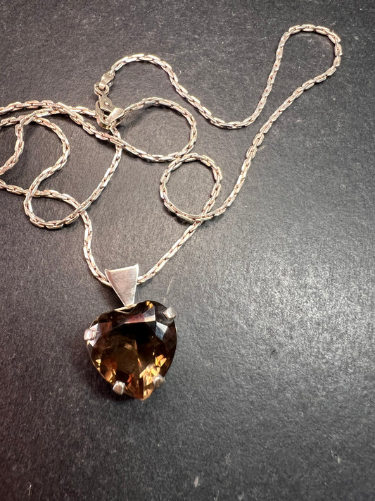 Vintage Smoky Quartz Heart Pendant Necklace Sterling Silver 20”