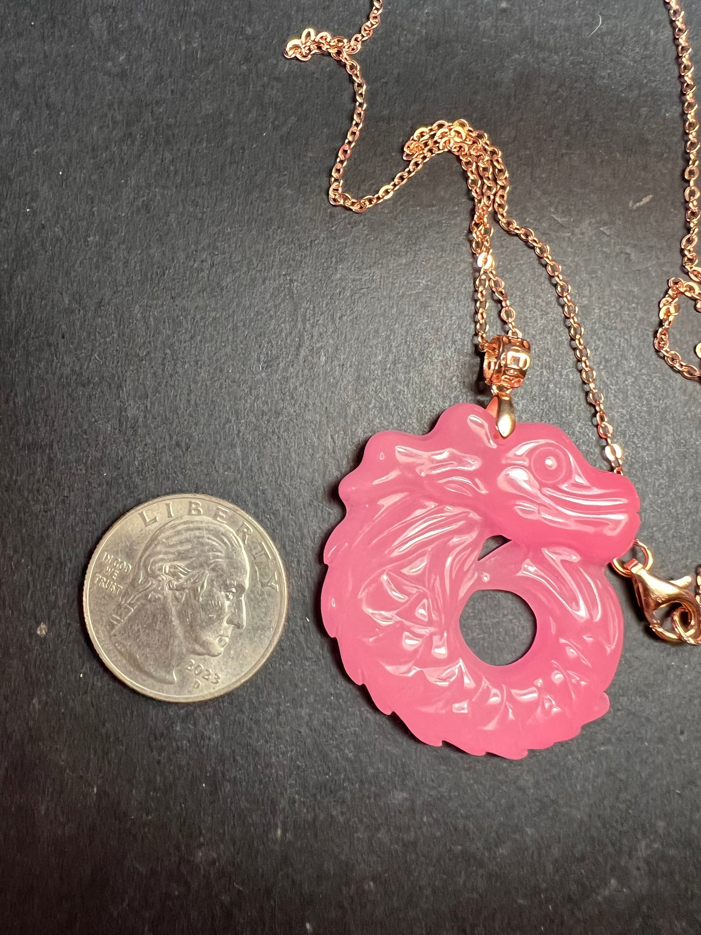 NEW Pink jade dragon pendant and 20 inch chain in rose gold over sterling silver