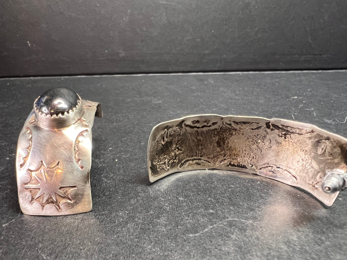 Vintage Sterling Silver Hematite Wide Band Post Earrings Southwestern Handmade