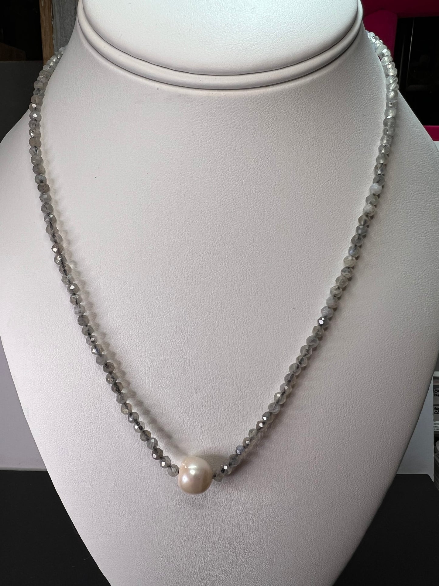 Labradorite and cultured pearl necklace with sterling silver lobster claw clasp