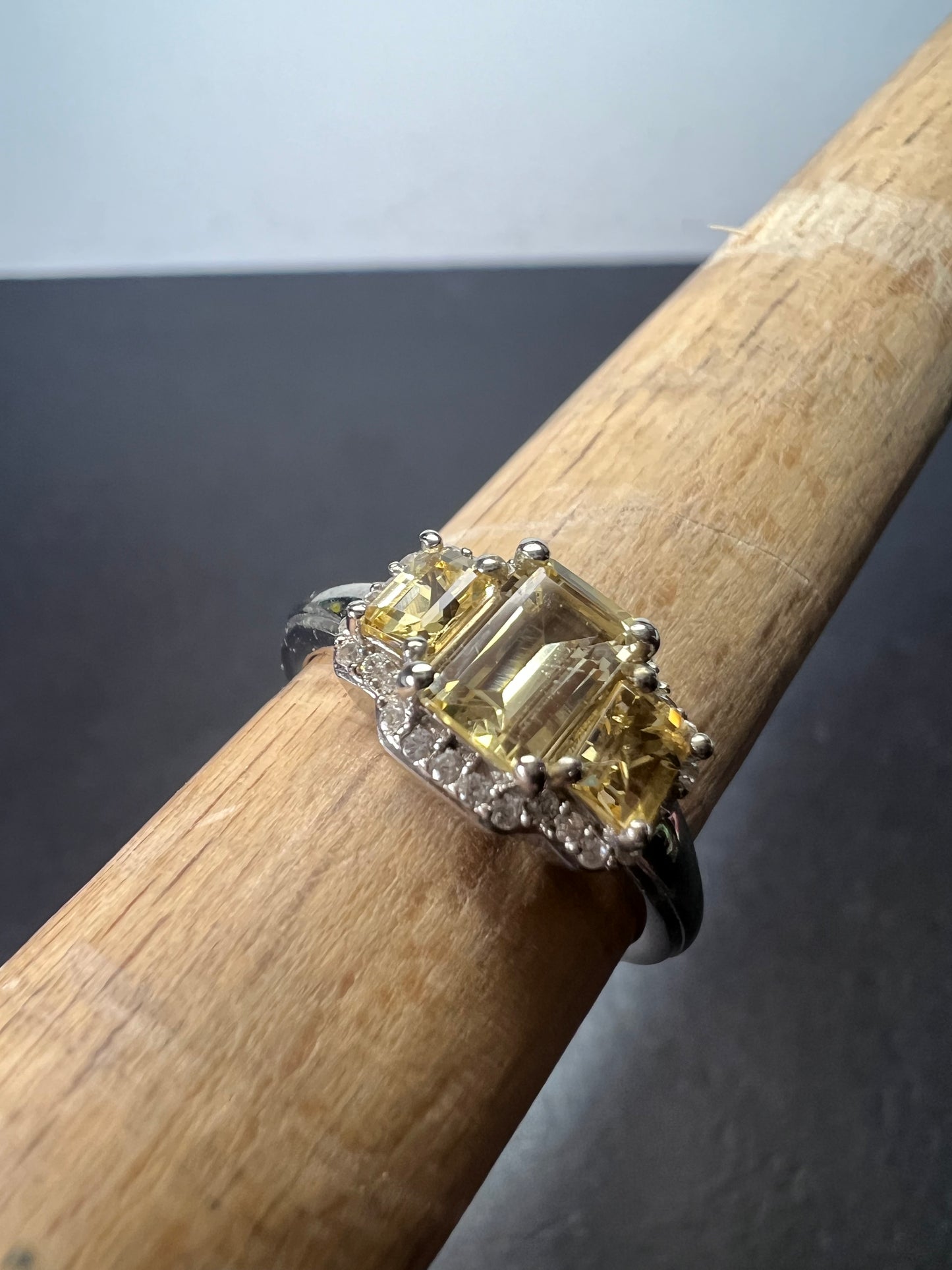 Citrine triple baguette halo ring in sterling silver size 7