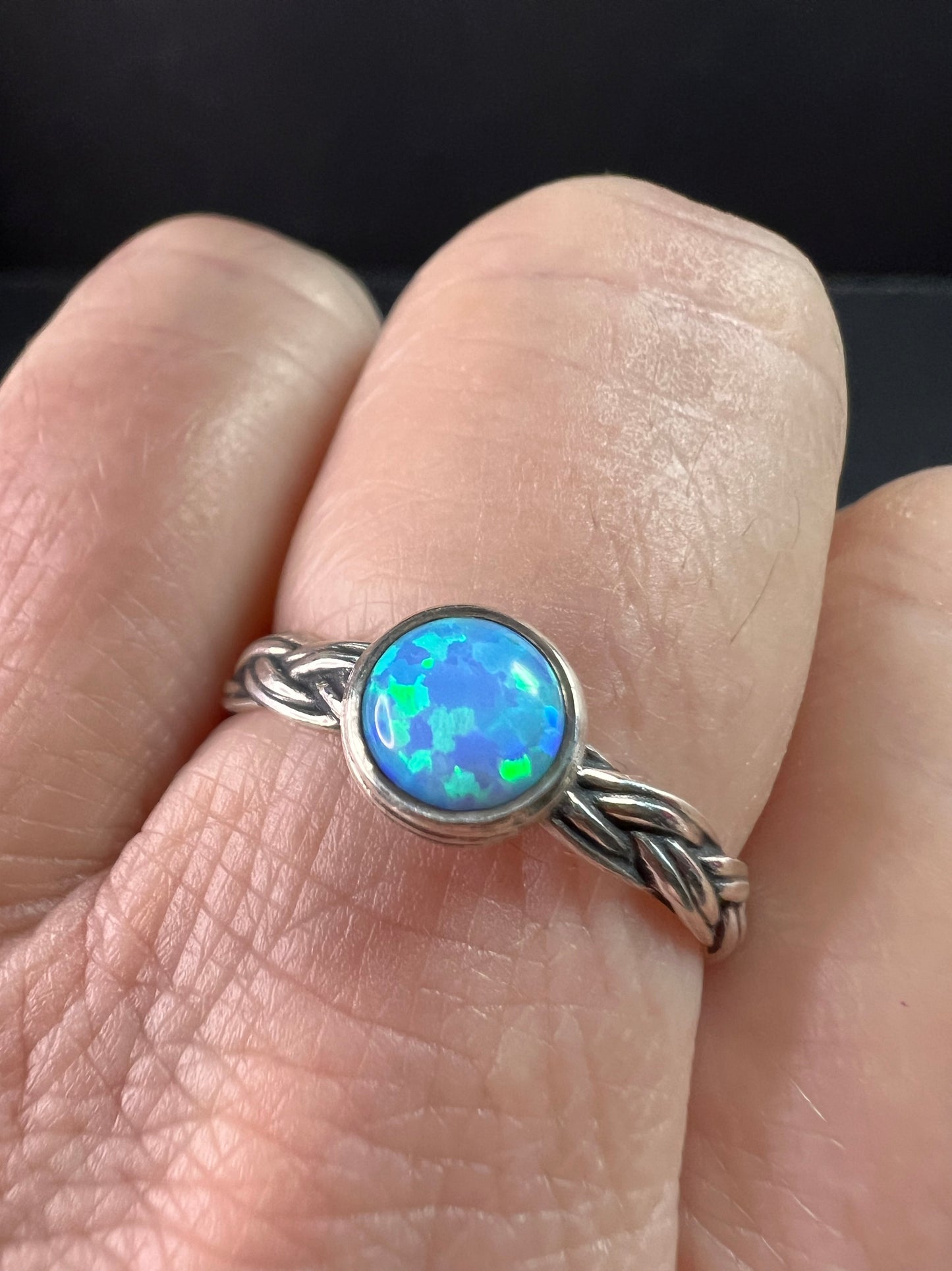 Sterling Silver Braided Band Ring with Lab Opal – Size 9