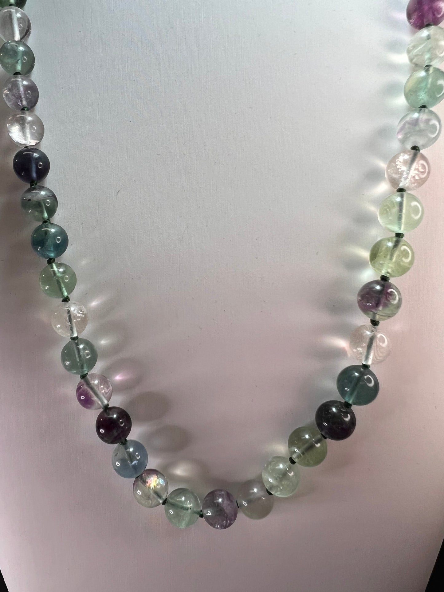 Fluorite knotted beaded bolo necklace with sterling silver magnetic clasp