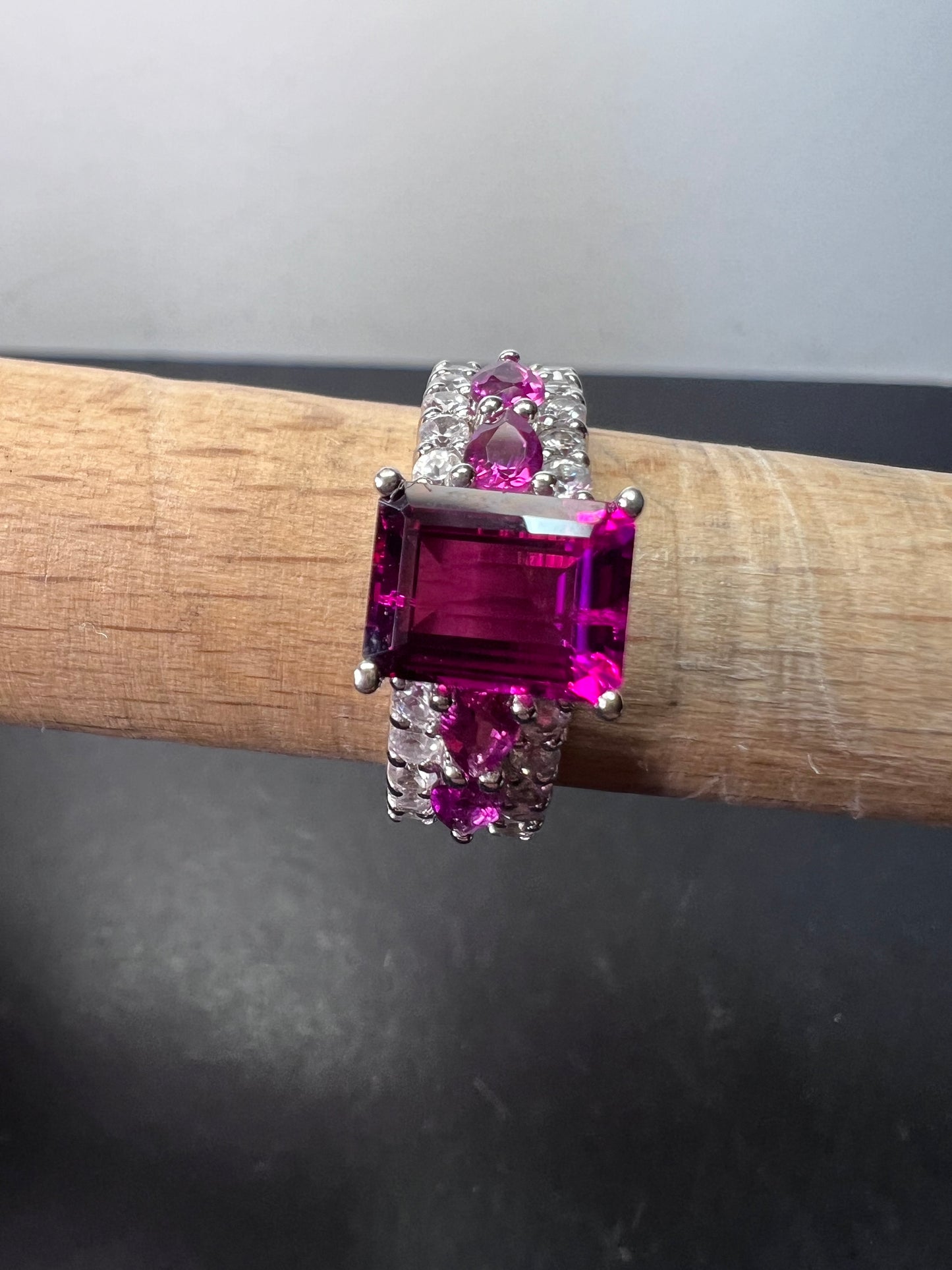 Lab pink tourmaline and white topaz statement ring size 8