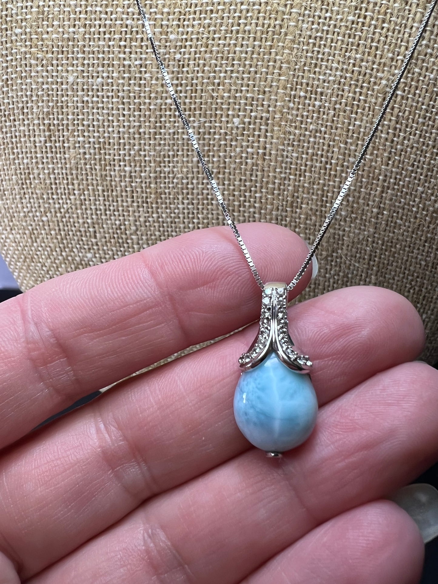 Larimar tear drop sterling silver pendant with 18 inch chain necklace