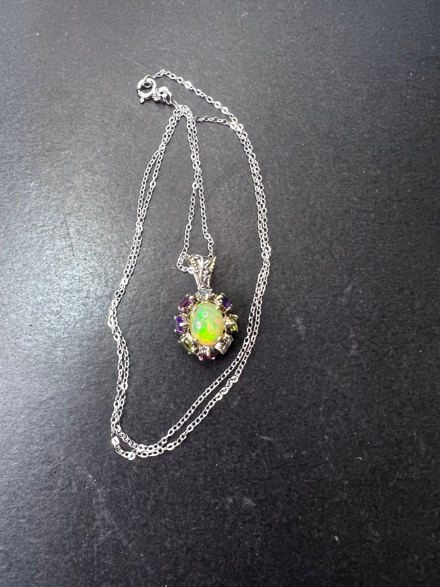 Ethiopian opal multi stone sterling silver halo pendant necklace