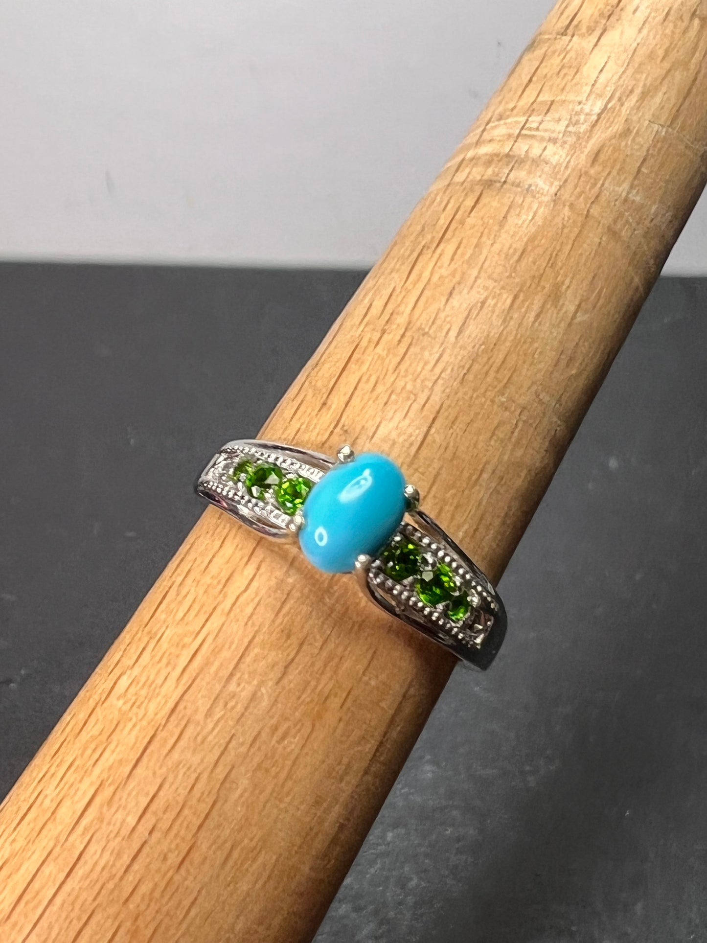 Sleeping Beauty turquoise and chrome diopside sterling silver ring size 9