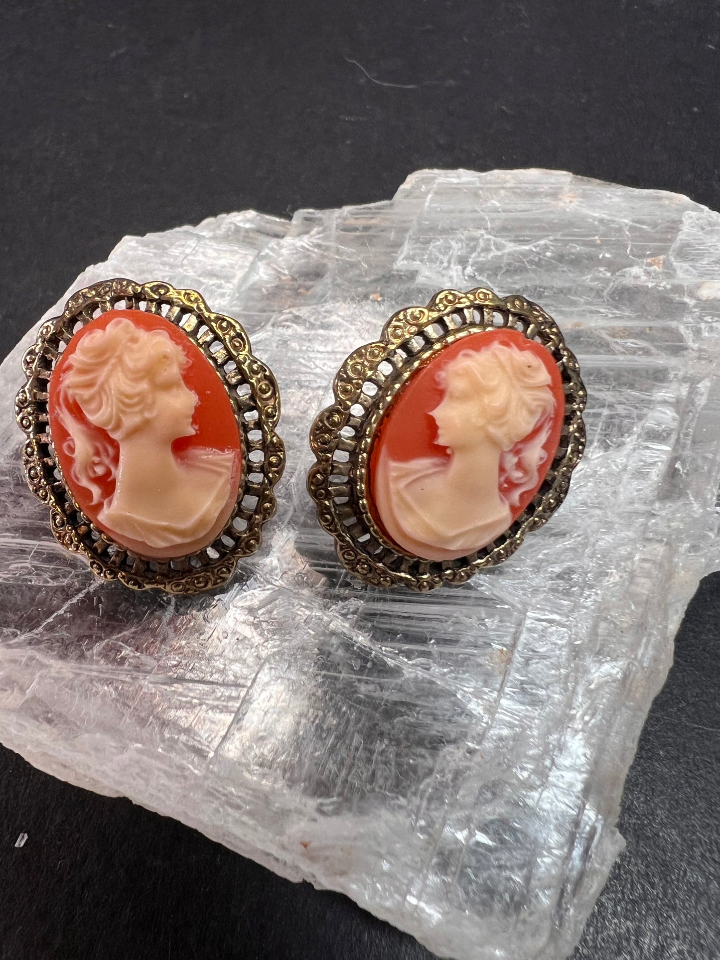 Vintage Carved Shell Cameo Stud Earrings Gold Tone Victorian Revival
