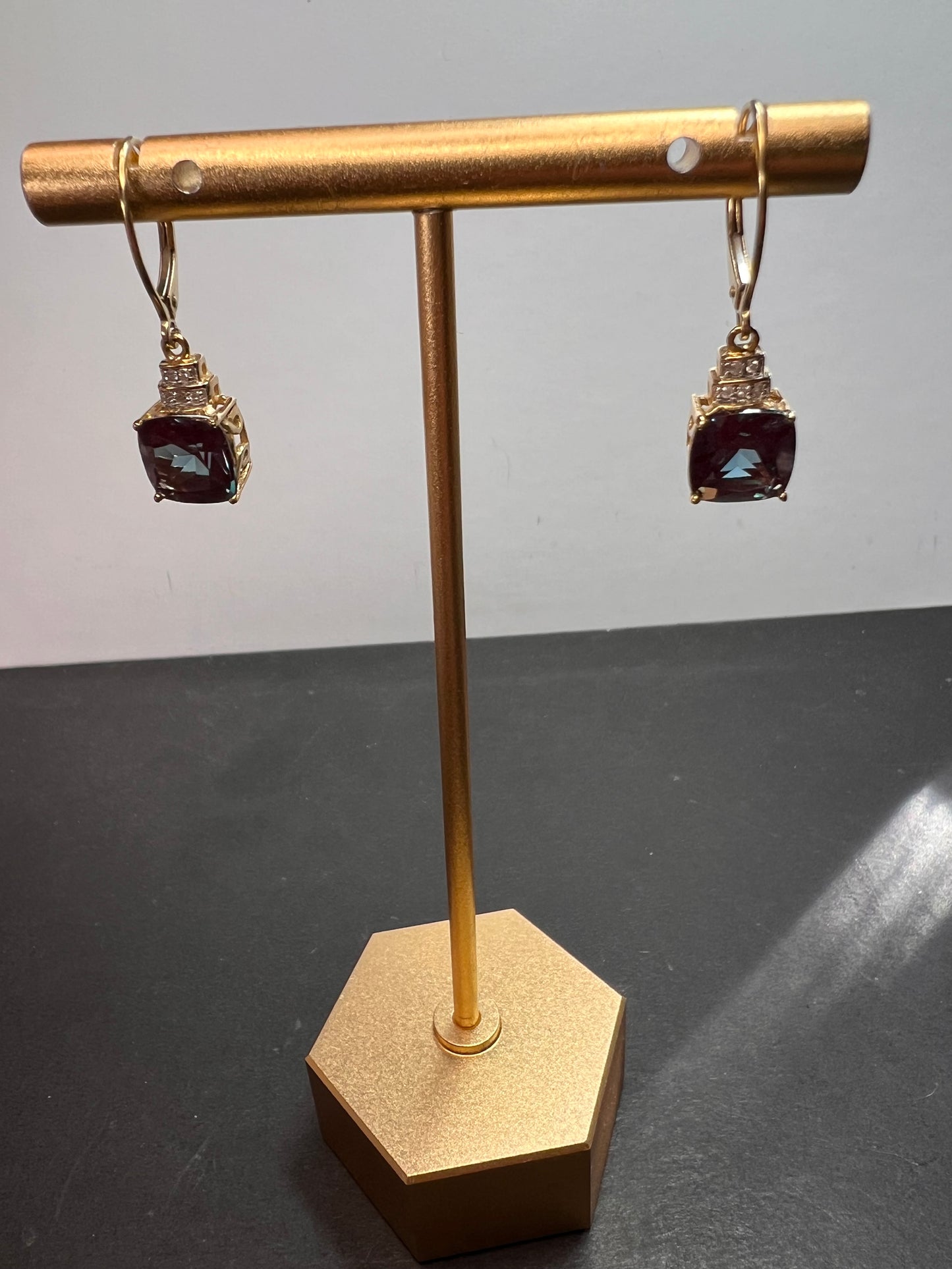 10k gold Lab alexandrite and diamond lever back earrings