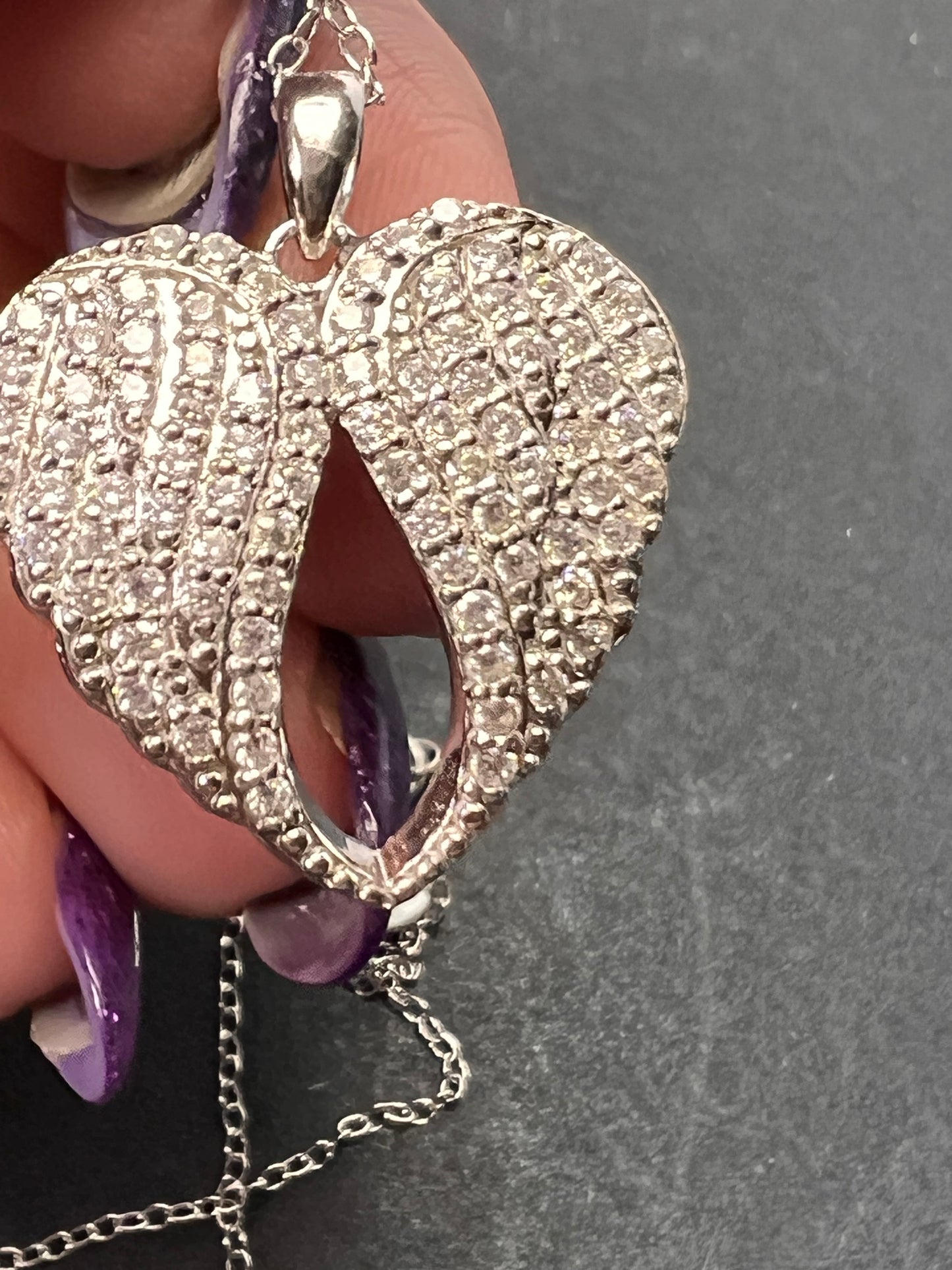 Angel wings CZ heart pendant and chain sterling silver necklace