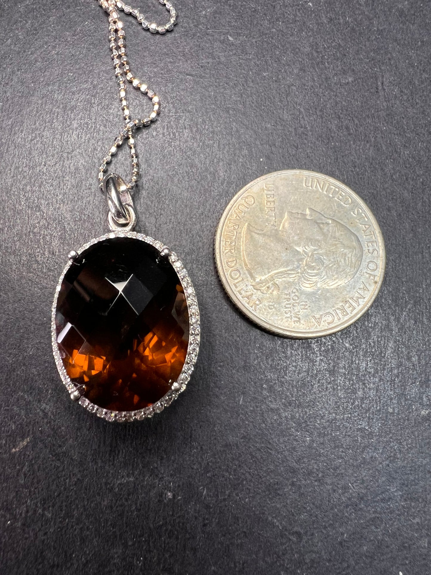 Sterling Cognac Quartz Pendant Necklace | 24” Adjustable Ball Chain