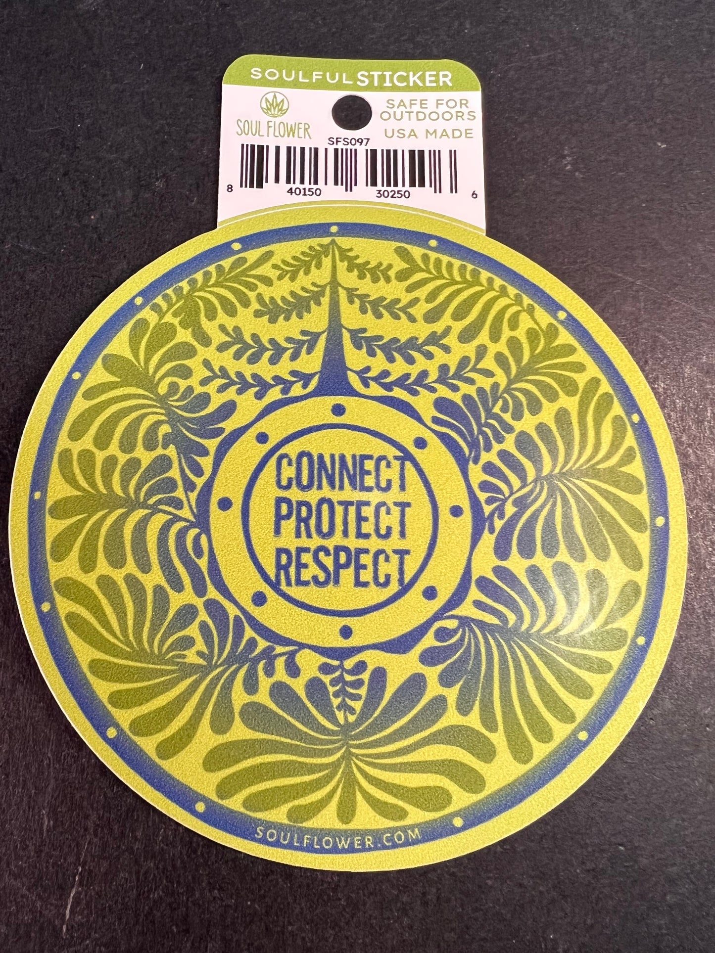 Soul Flower “Connect Protect Respect” Round Sticker – Eco Outdoor Decal