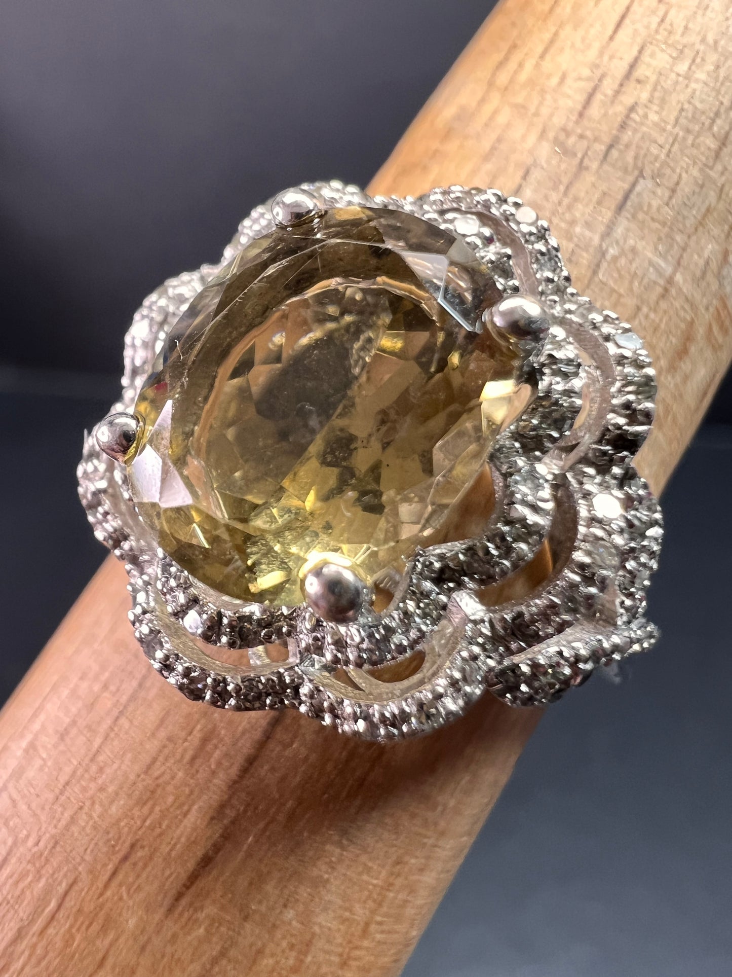 Citrine & Diamond Sterling Silver Scalloped Halo Ring Size 9