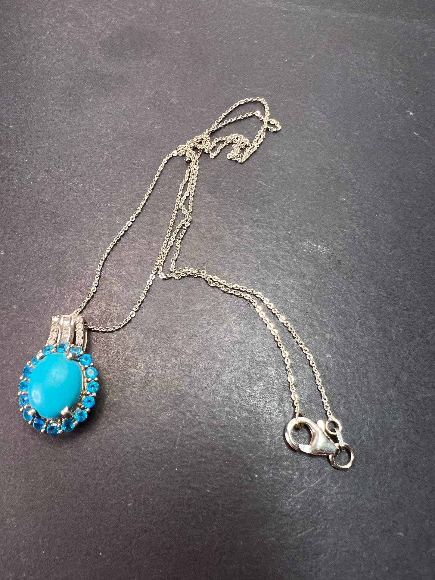 Sleeping Beauty turquoise , Malgache neon apatite and diamond halo pendant necklace in platinum over sterling silver with 20 inch chain 4.85ctw