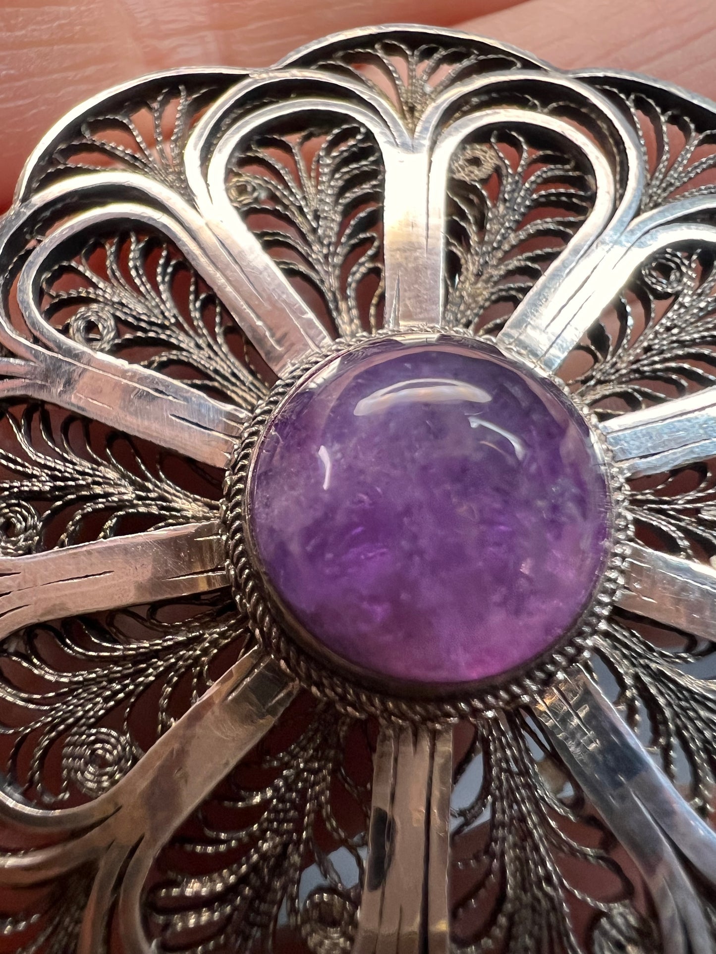 Vintage filigree amethyst sterling silver brooch made in Jerusalem