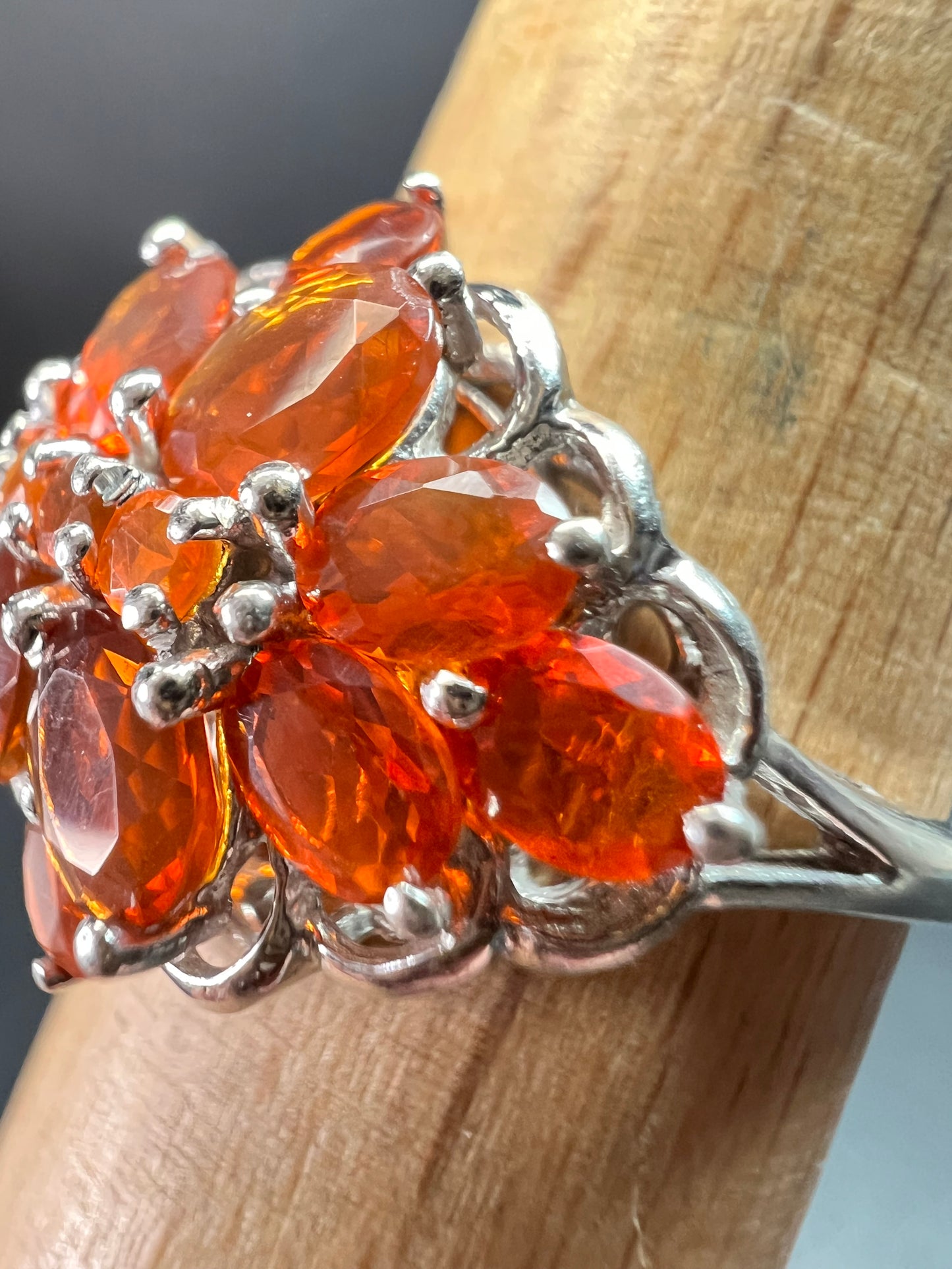 Vintage Sterling Silver Mexican Fire Opal Floral Cluster Ring Sz 9