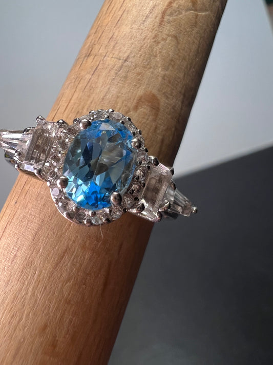 Blue and white topaz sterling silver halo ring size 9