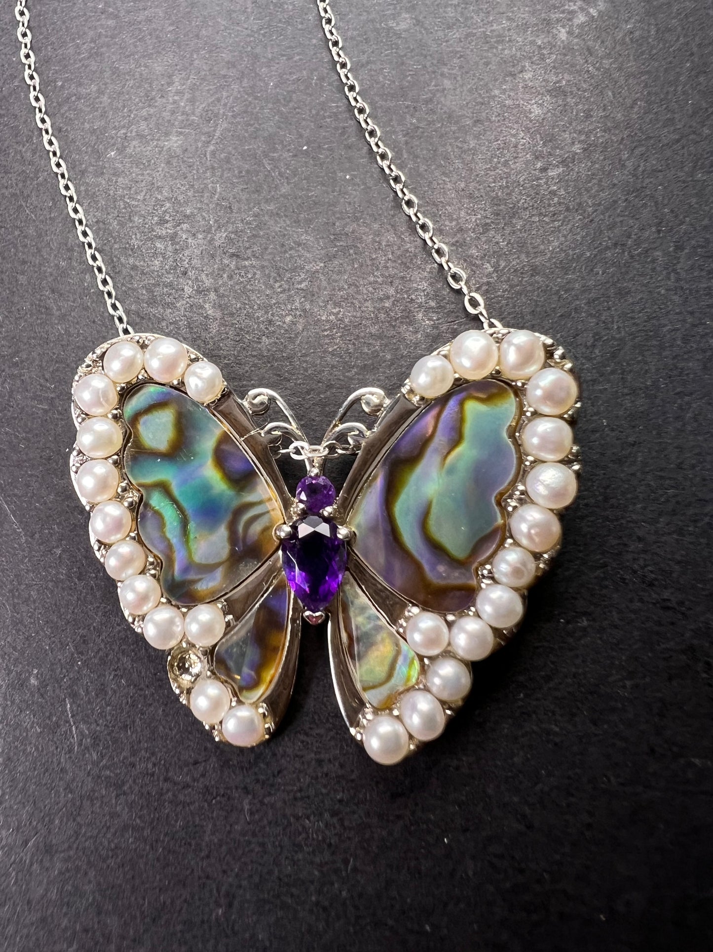 Abalone, amethyst and pearl butterfly sterling silver necklace