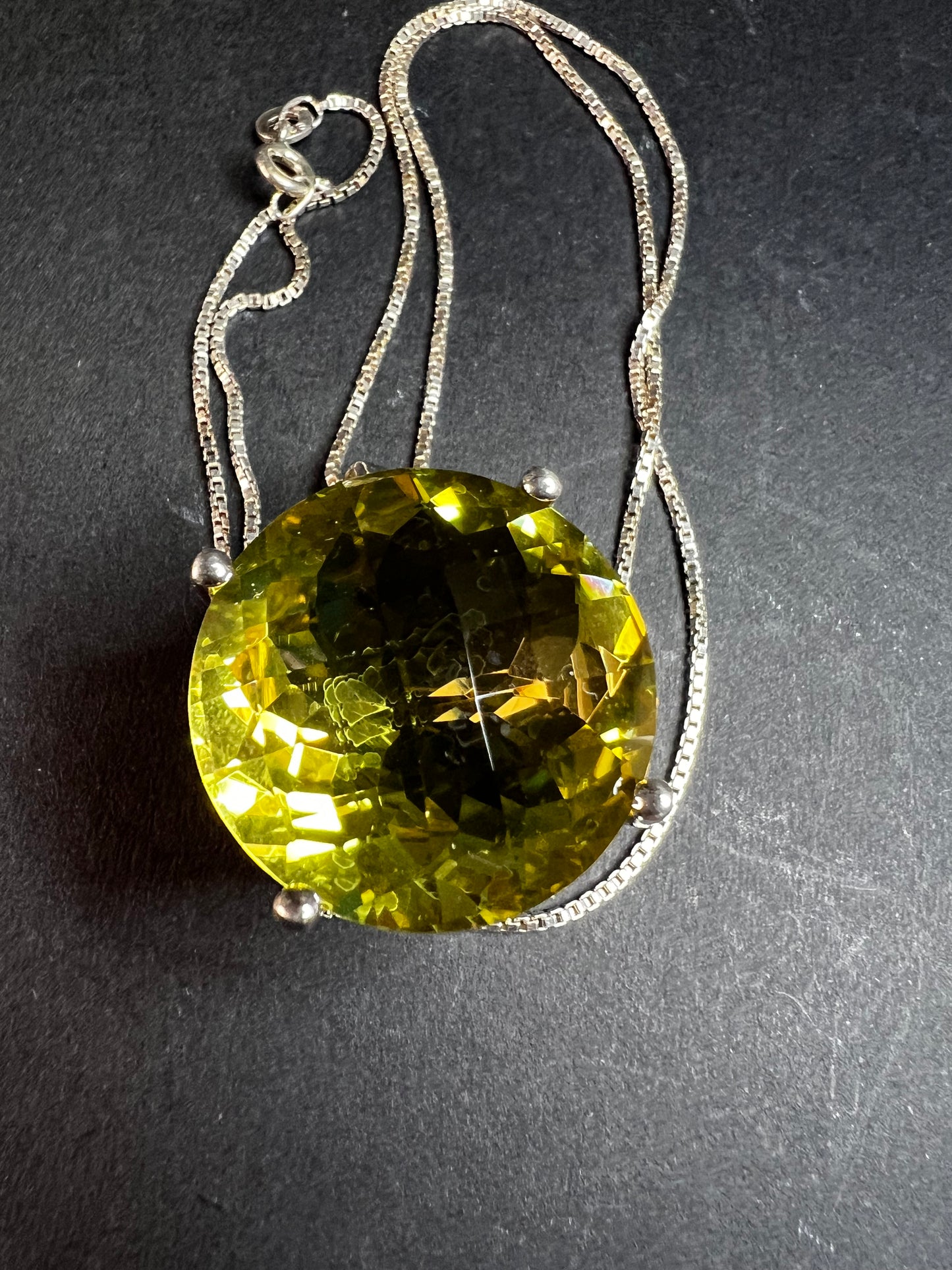 Huge Lemon Quartz Sterling Silver Statement Pendant Necklace 18” Chain